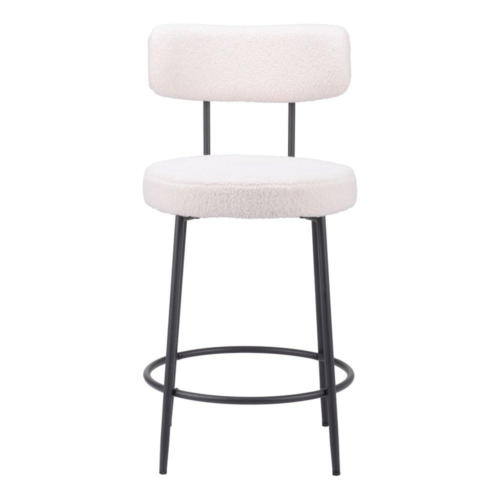 Set of Two 25" Ivory and Black Shearling and Steel Low Back Counter Height Bar Chairs