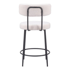 Set of Two 25" Ivory and Black Shearling and Steel Low Back Counter Height Bar Chairs