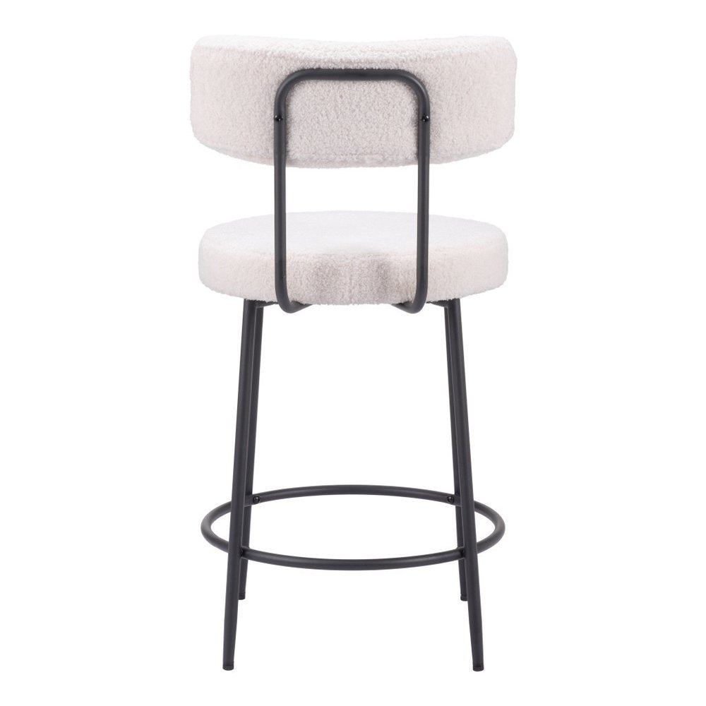 Set of Two 25" Ivory and Black Shearling and Steel Low Back Counter Height Bar Chairs