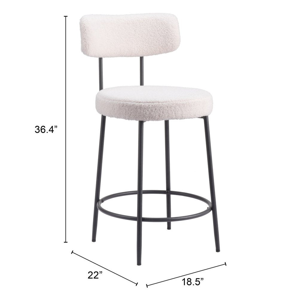 Set of Two 25" Ivory and Black Shearling and Steel Low Back Counter Height Bar Chairs