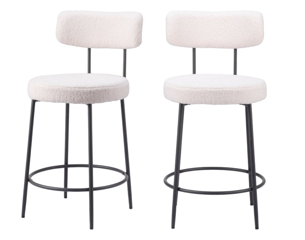 Set of Two 25" Ivory and Black Shearling and Steel Low Back Counter Height Bar Chairs