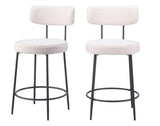 Set of Two 25" Ivory and Black Shearling and Steel Low Back Counter Height Bar Chairs