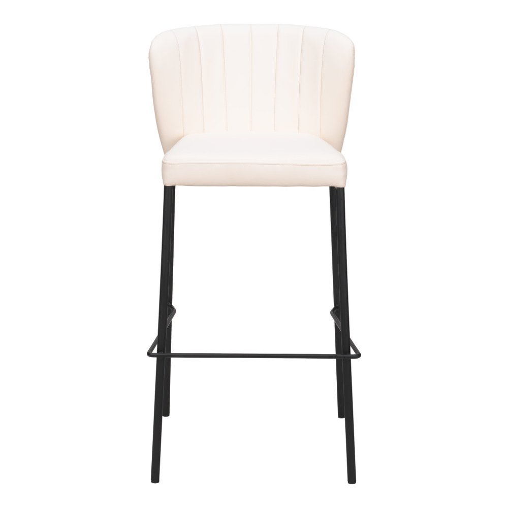 Set of Two 29" Cream And Black Faux Leather And Steel Bar Height Bar Chairs
