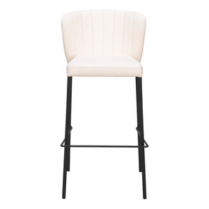 Set of Two 29" Cream And Black Faux Leather And Steel Bar Height Bar Chairs