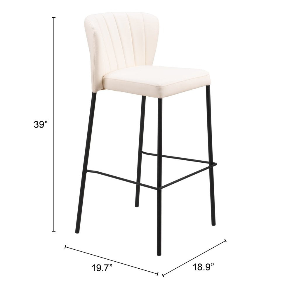 Set of Two 29" Cream And Black Faux Leather And Steel Bar Height Bar Chairs