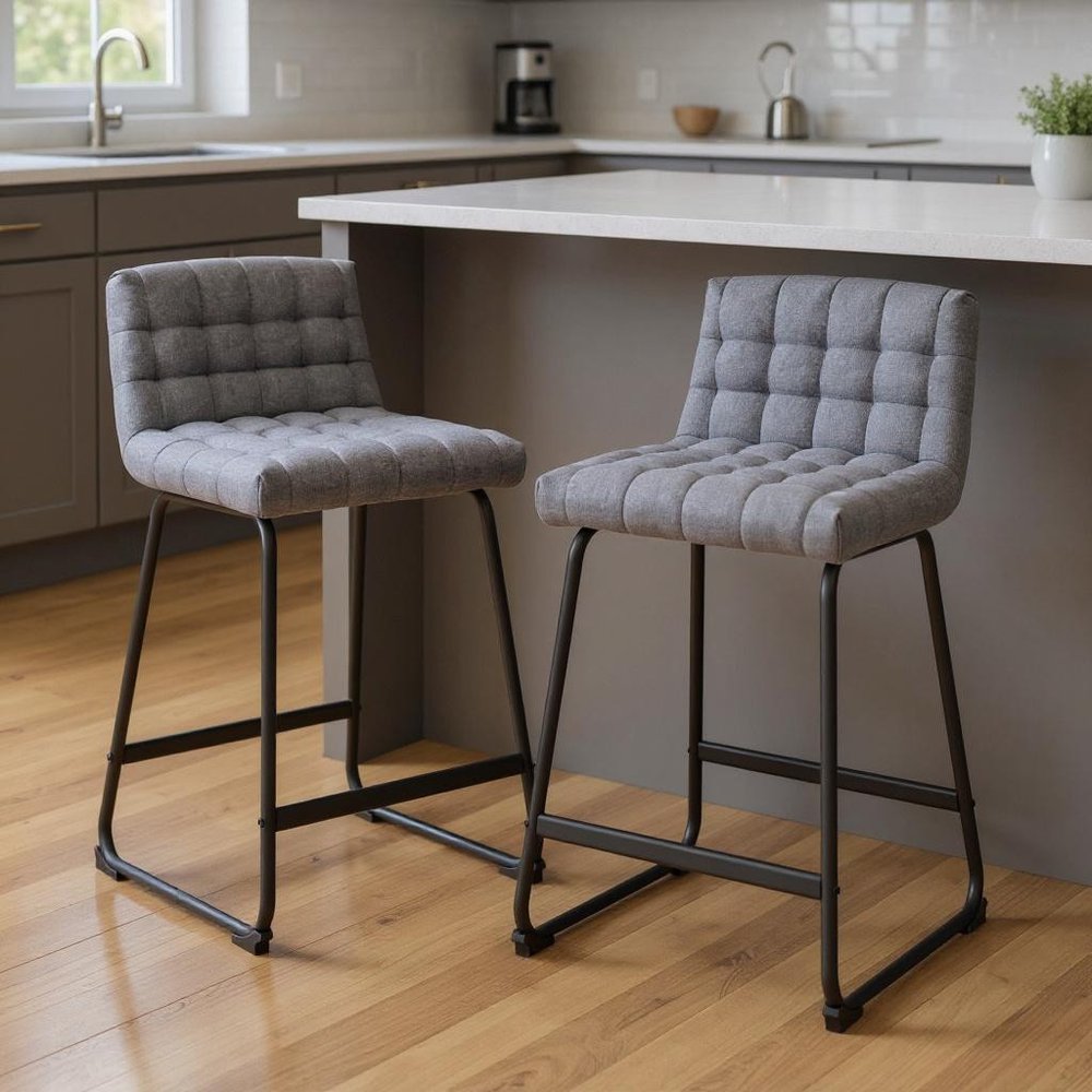 Set of Two 26" Gray And Black Fabric And Steel Counter Height Bar Chairs