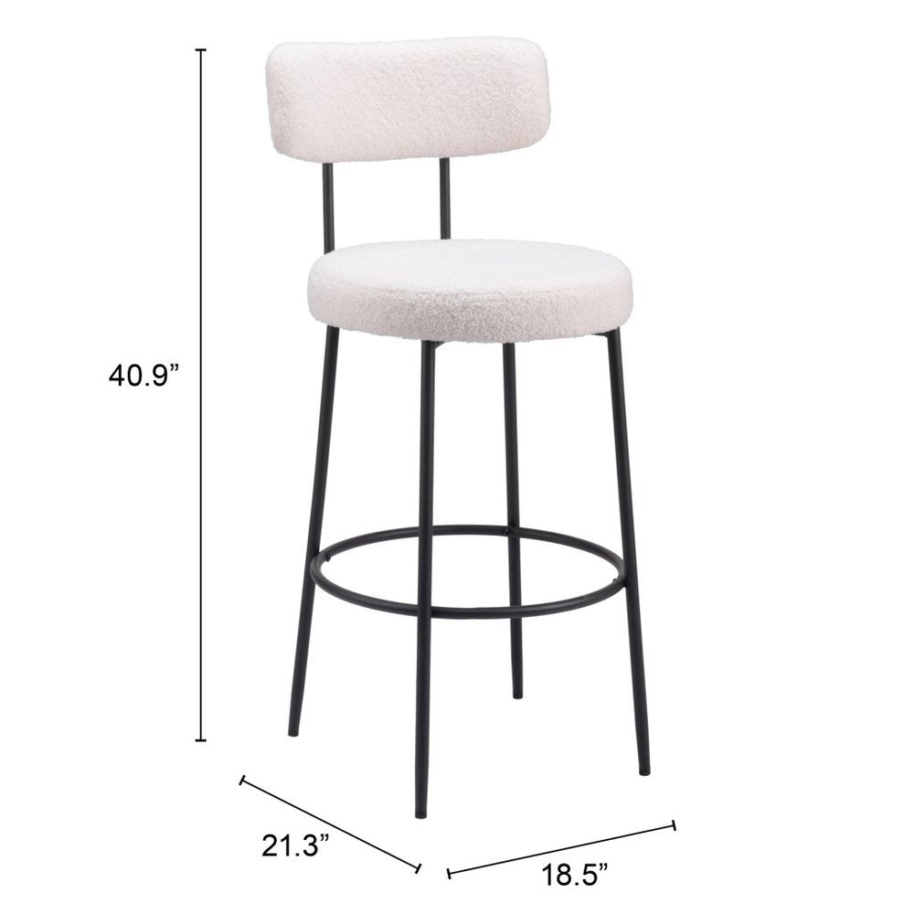Set of Two 29" Ivory And Black Shearling And Steel Low Back Bar Height Bar Chairs