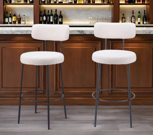 Set of Two 29" Ivory And Black Shearling And Steel Low Back Bar Height Bar Chairs