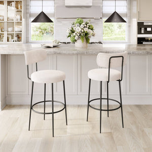 Set of Two 29" Ivory And Black Shearling And Steel Low Back Bar Height Bar Chairs