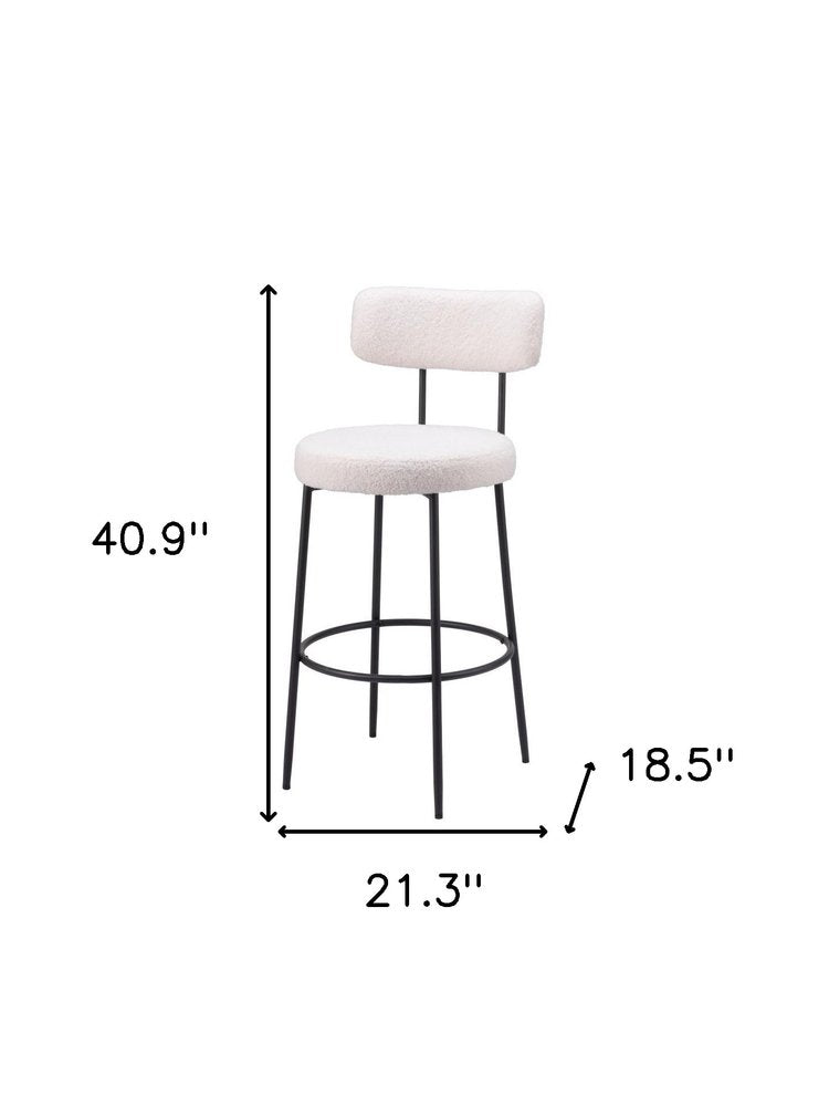 Set of Two 29" Ivory And Black Shearling And Steel Low Back Bar Height Bar Chairs