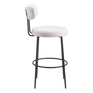 Set of Two 29" Ivory And Black Shearling And Steel Low Back Bar Height Bar Chairs