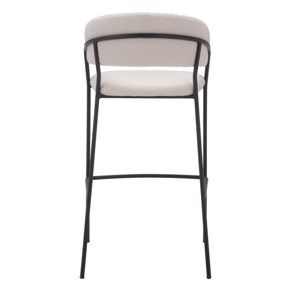 Set of Two 30" Cream and Black Shearling and Steel Low Back Bar Height Bar Chairs