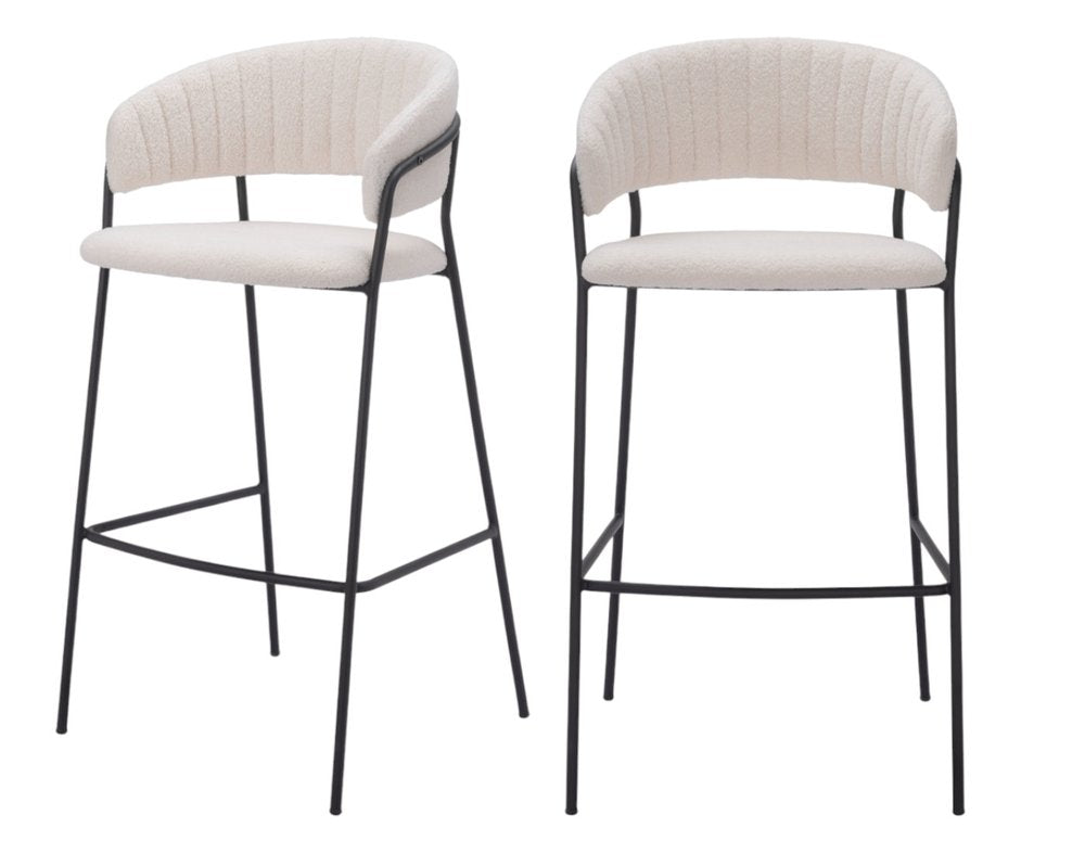 Set of Two 30" Cream and Black Shearling and Steel Low Back Bar Height Bar Chairs