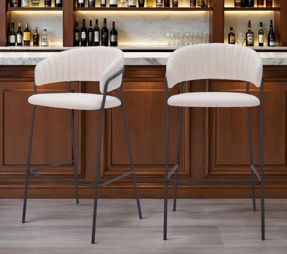 Set of Two 30" Cream and Black Shearling and Steel Low Back Bar Height Bar Chairs