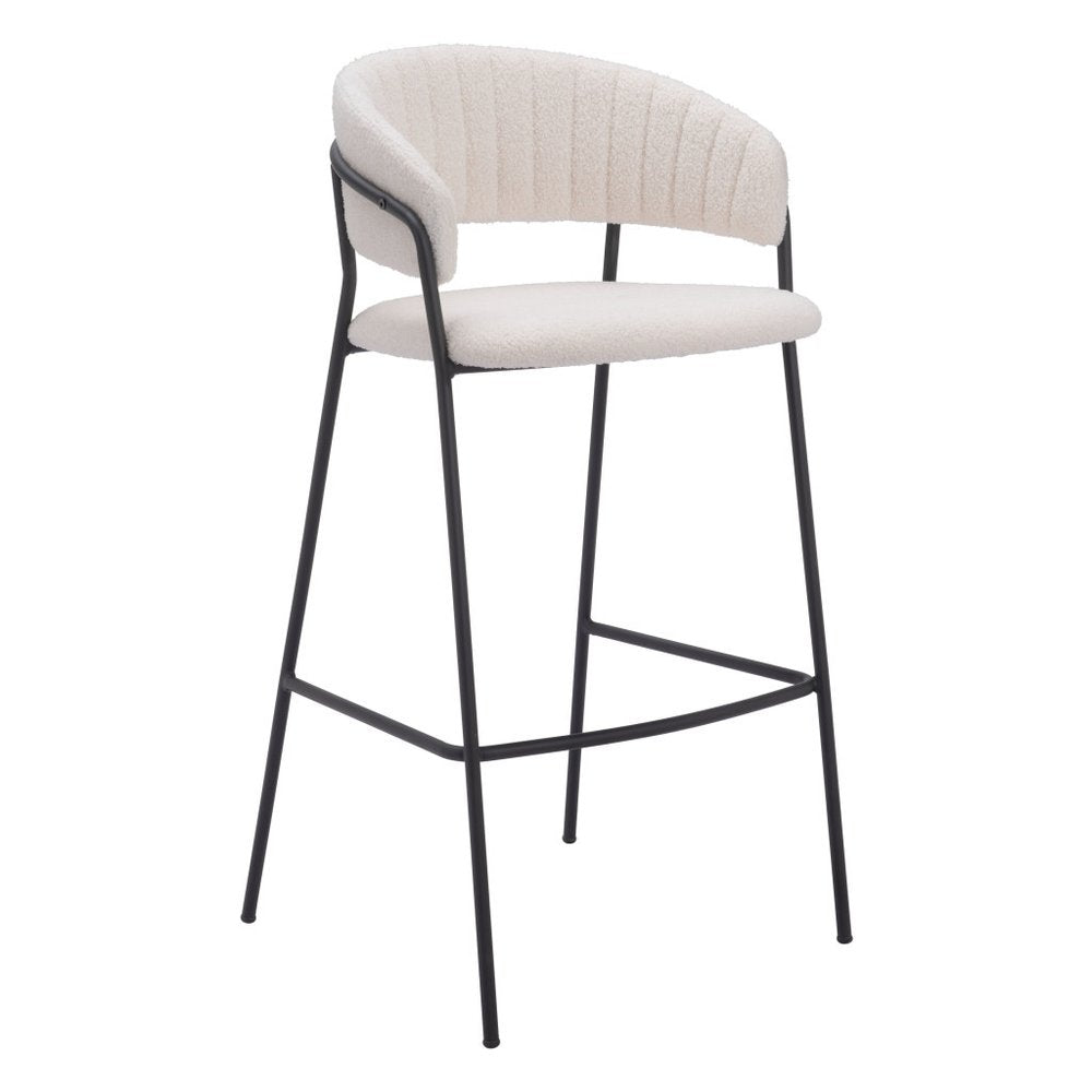 Set of Two 30" Cream and Black Shearling and Steel Low Back Bar Height Bar Chairs