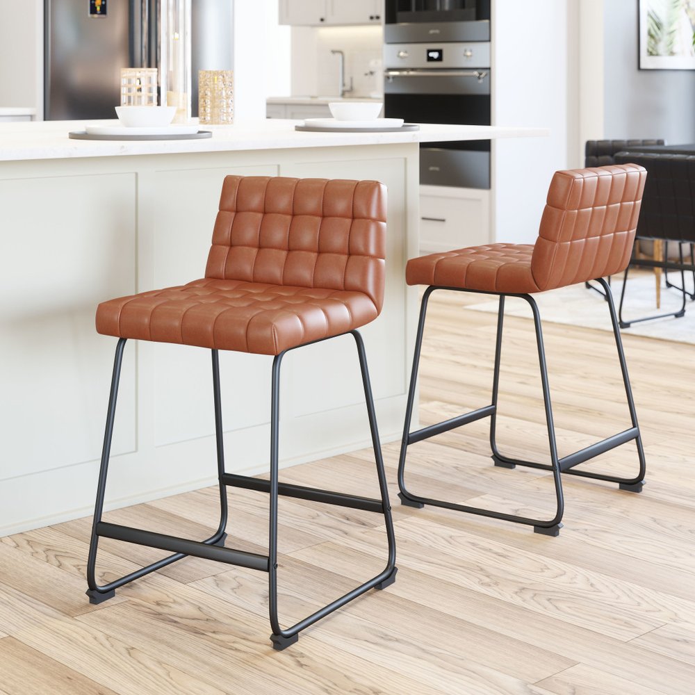 Set of Two 26" Brown And Black Faux Leather And Steel Counter Height Bar Chairs