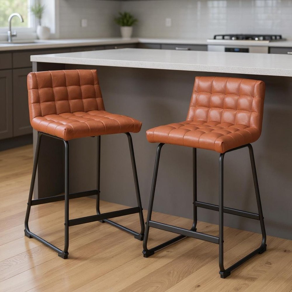 Set of Two 26" Brown And Black Faux Leather And Steel Counter Height Bar Chairs