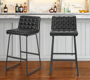 Set of Two 30" Black Faux Leather And Steel Bar Height Bar Chairs