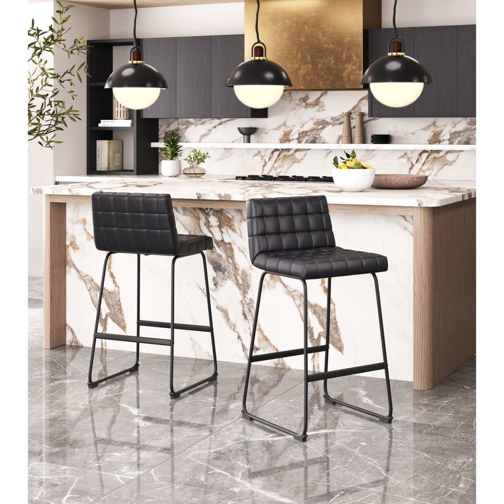 Set of Two 30" Black Faux Leather And Steel Bar Height Bar Chairs