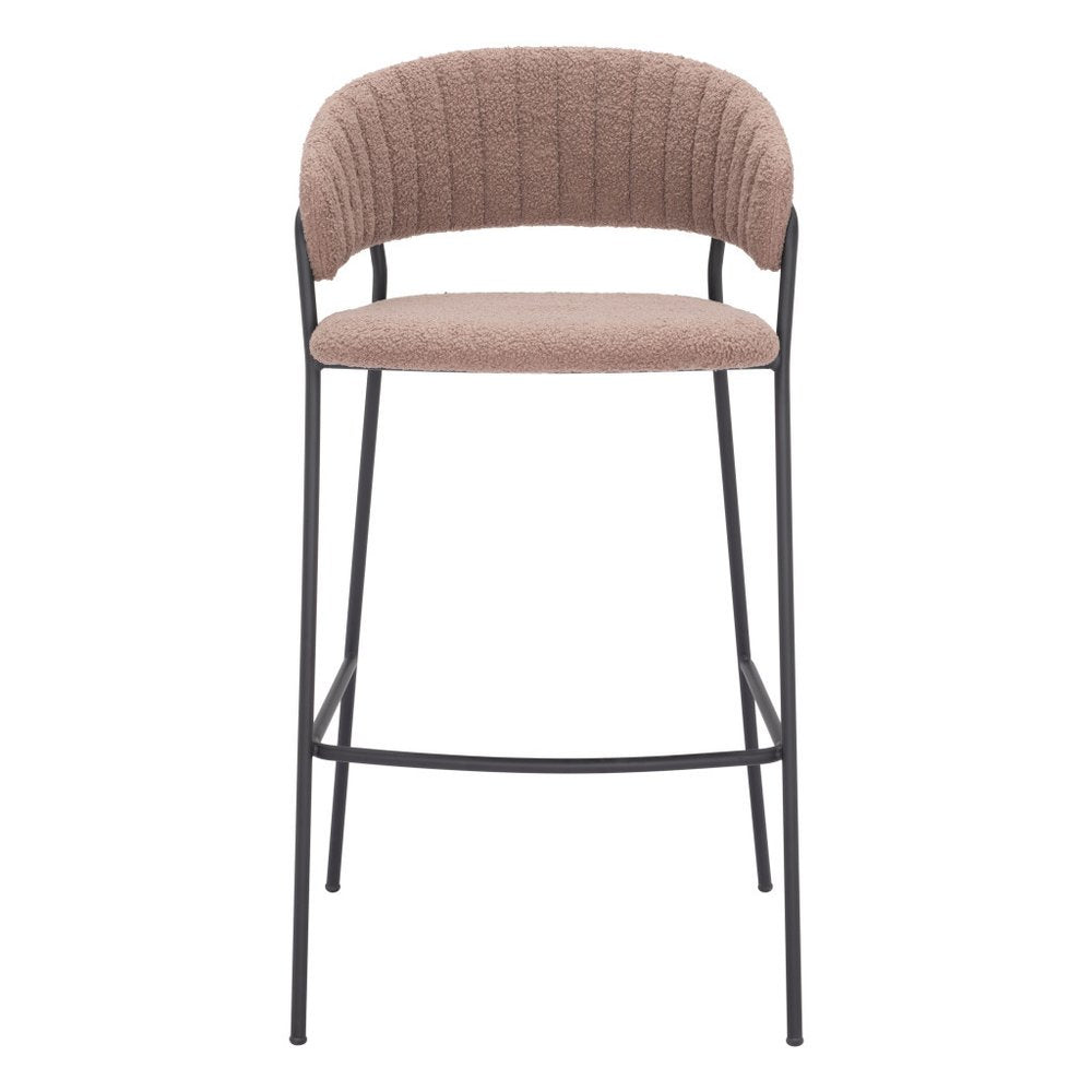 Set of Two 30" Brown and Black Shearling and Steel Low Back Bar Height Bar Chairs