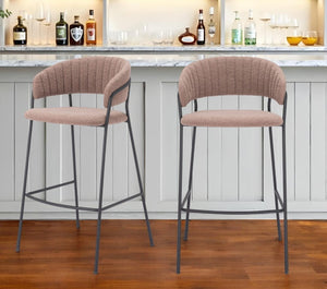 Set of Two 30" Brown and Black Shearling and Steel Low Back Bar Height Bar Chairs