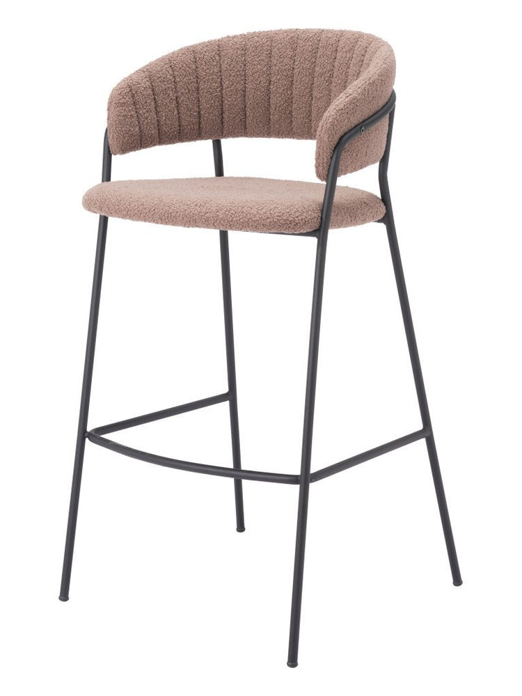 Set of Two 30" Brown and Black Shearling and Steel Low Back Bar Height Bar Chairs