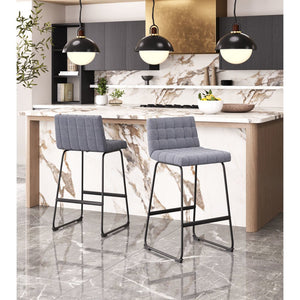 Set of Two 30" Gray And Black Fabric And Steel Bar Height Bar Chairs