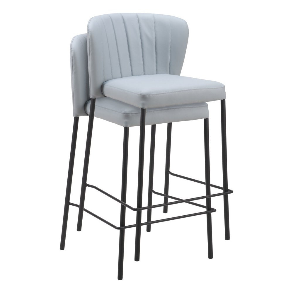 Set of Two 26" Gray And Black Faux Leather And Steel Counter Height Bar Chairs
