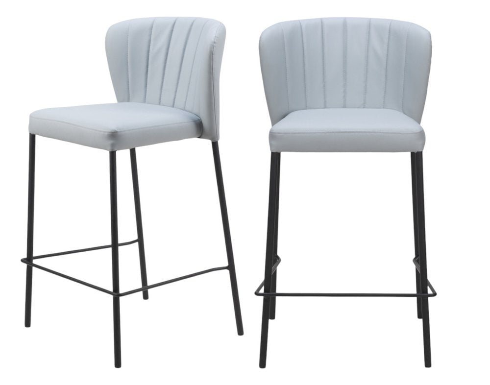 Set of Two 26" Gray And Black Faux Leather And Steel Counter Height Bar Chairs