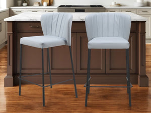 Set of Two 26" Gray And Black Faux Leather And Steel Counter Height Bar Chairs