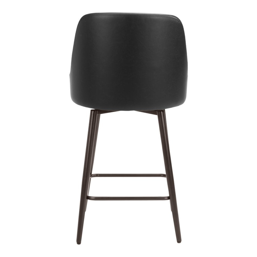 26" Black And Bronze Faux Leather And Steel Counter Height Swivel Bar Chair