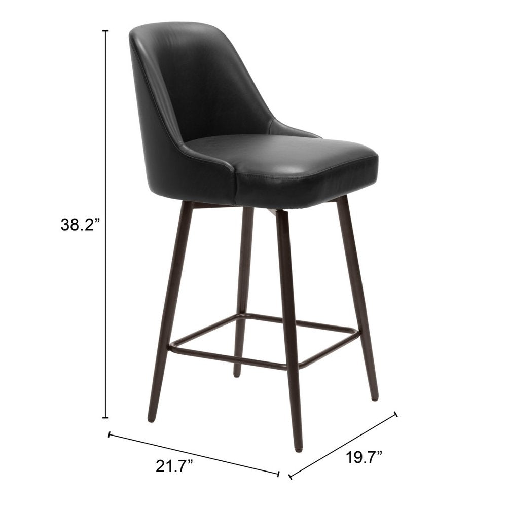 26" Black And Bronze Faux Leather And Steel Counter Height Swivel Bar Chair