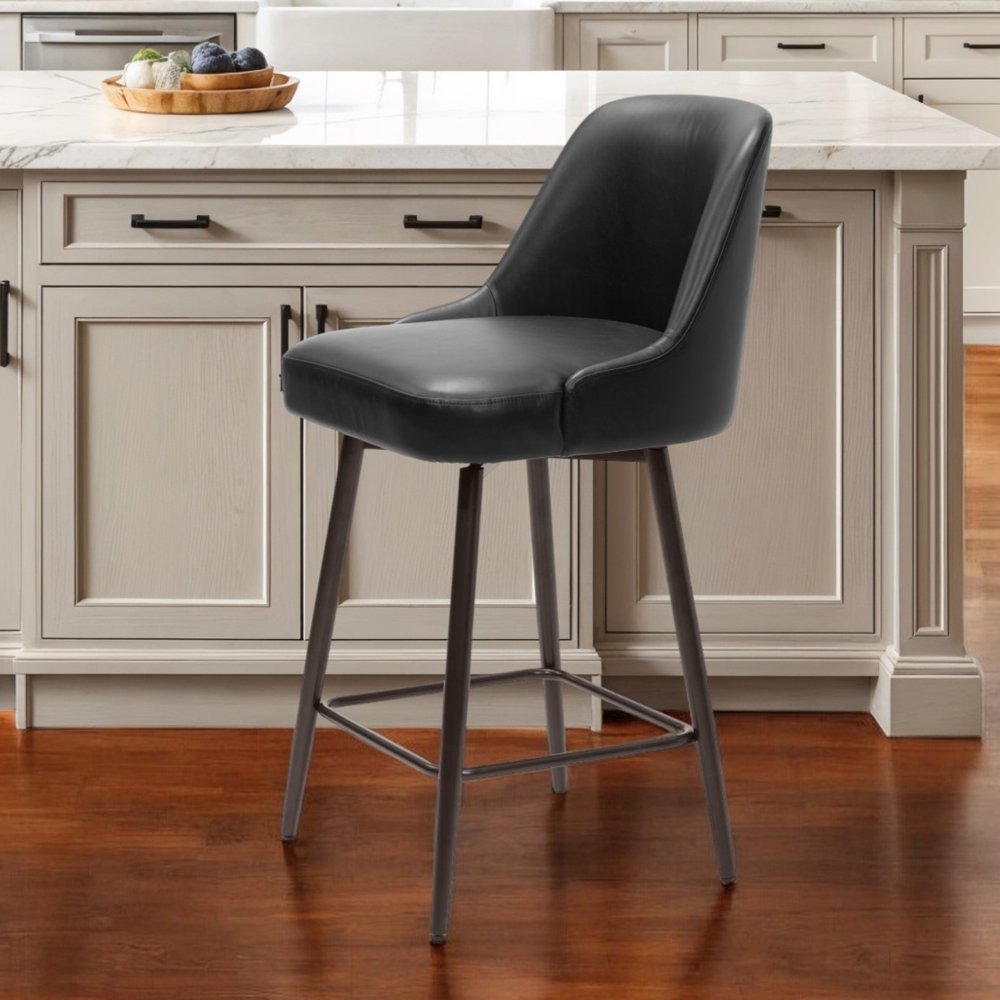 26" Black And Bronze Faux Leather And Steel Counter Height Swivel Bar Chair