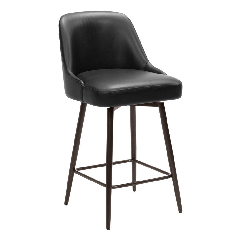 26" Black And Bronze Faux Leather And Steel Counter Height Swivel Bar Chair