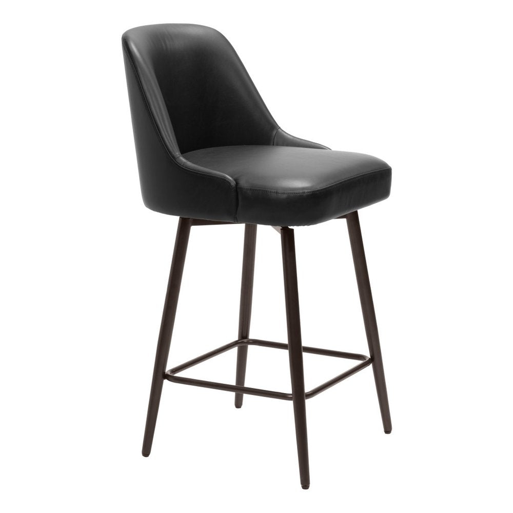 26" Black And Bronze Faux Leather And Fabric And Steel Counter Height Swivel Bar Chair