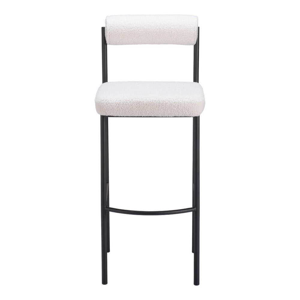 Set of Two 30" Ivory and Black Shearling and Steel Low Back Bar Height Bar Chairs