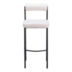 Set of Two 30" Ivory and Black Shearling and Steel Low Back Bar Height Bar Chairs