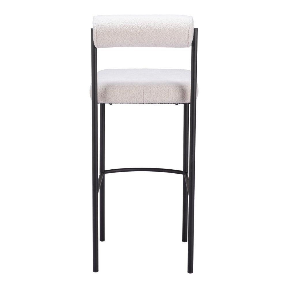 Set of Two 30" Ivory and Black Shearling and Steel Low Back Bar Height Bar Chairs