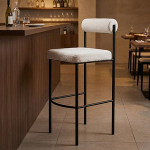 Set of Two 30" Ivory And Black Shearling And Fabric And Steel Low Back Bar Height Bar Chairs