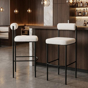 Set of Two 30" Ivory And Black Shearling And Fabric And Steel Low Back Bar Height Bar Chairs