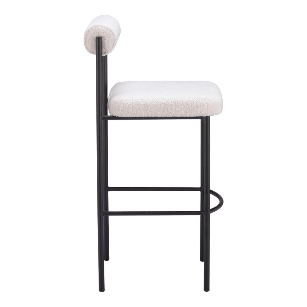 Set of Two 30" Ivory and Black Shearling and Steel Low Back Bar Height Bar Chairs