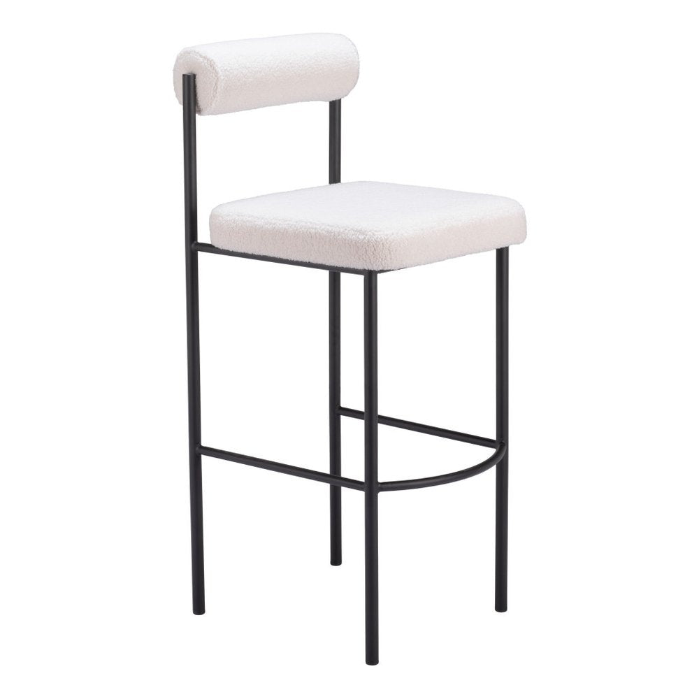 Set of Two 30" Ivory and Black Shearling and Steel Low Back Bar Height Bar Chairs
