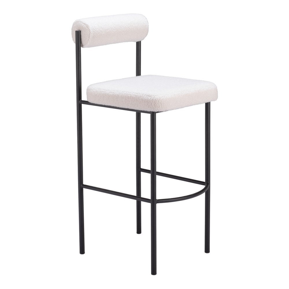 Set of Two 30" Ivory And Black Shearling And Fabric And Steel Low Back Bar Height Bar Chairs