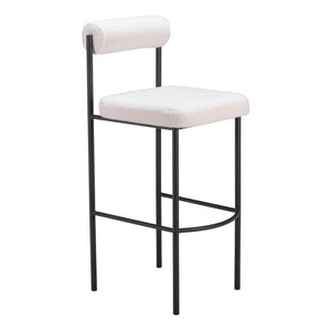 Set of Two 30" Ivory And Black Shearling And Fabric And Steel Low Back Bar Height Bar Chairs