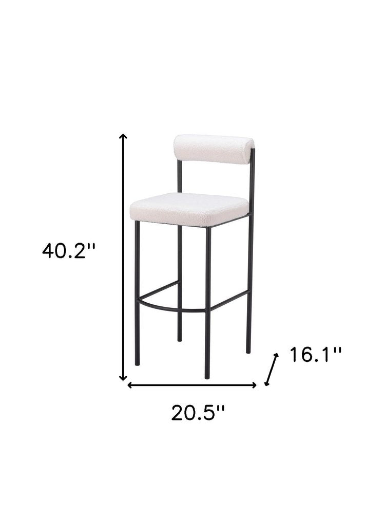 Set of Two 30" Ivory And Black Shearling And Fabric And Steel Low Back Bar Height Bar Chairs
