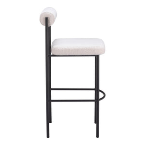 Set of Two 30" Ivory And Black Shearling And Fabric And Steel Low Back Bar Height Bar Chairs
