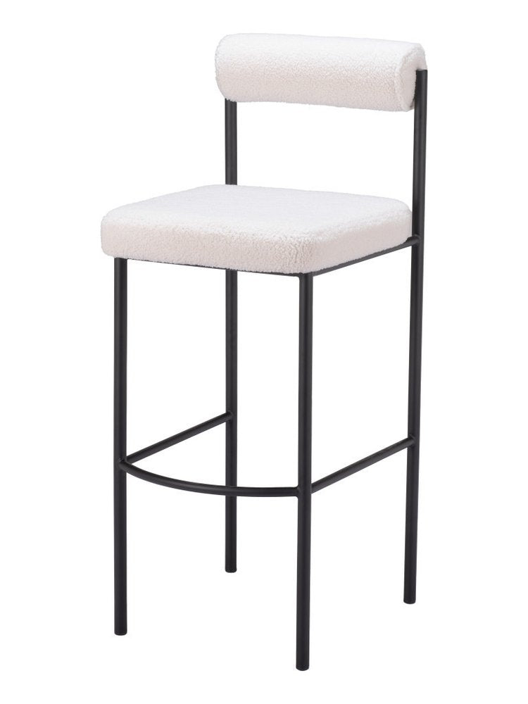 Set of Two 30" Ivory And Black Shearling And Fabric And Steel Low Back Bar Height Bar Chairs