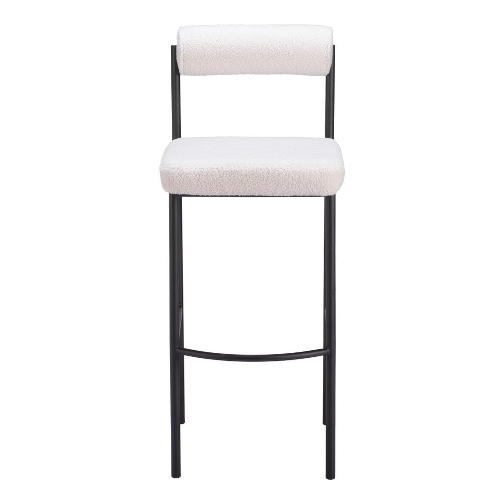 Set of Two 30" Ivory And Black Shearling And Fabric And Steel Low Back Bar Height Bar Chairs