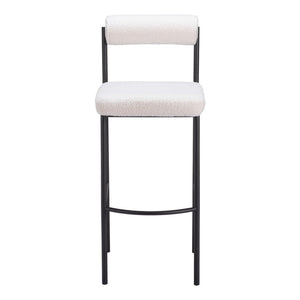 Set of Two 30" Ivory And Black Shearling And Fabric And Steel Low Back Bar Height Bar Chairs