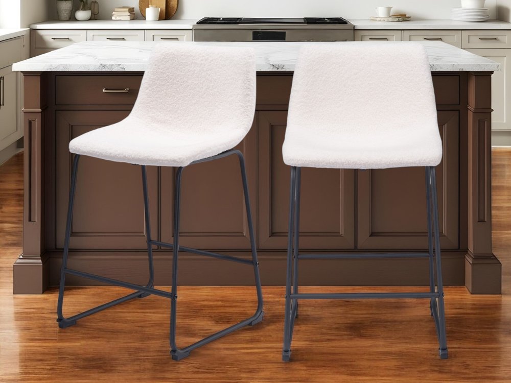 Set of Two 24" Ivory And Black Shearling And Steel Counter Height Bar Chairs